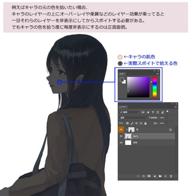 Photoshopでイラスト制作の作業効率を上げるテクニック スポイトでレイヤーの合成モードを抜いた元の色を拾う方法をご紹介 お絵かき図鑑