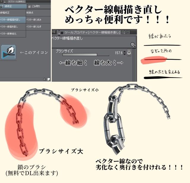 クリスタの素材ブラシを簡単に迫力upさせる使い方 ベクター線幅描き直し で奥行を お絵かき図鑑