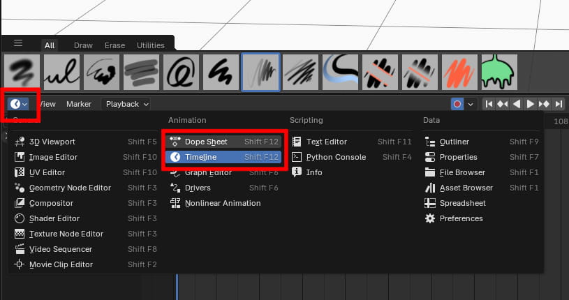 ドープシート／タイムラインを表示する