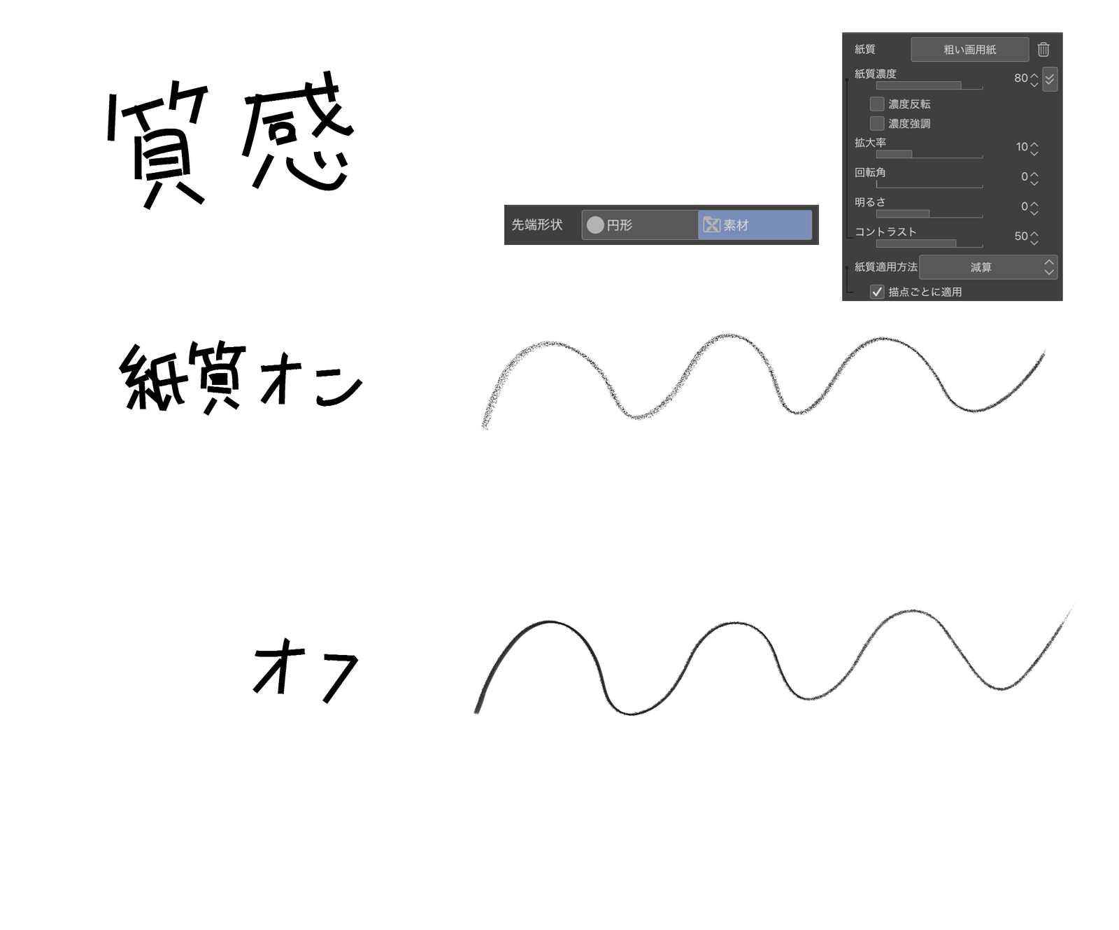 鉛筆ブラシの紙質あり・なしの比較